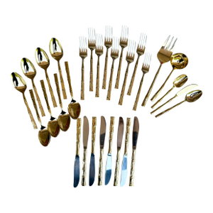 Mid-20th Century Gold-Toned Faux Bamboo Flatware Set & Serving Utensils - 30 Pieces