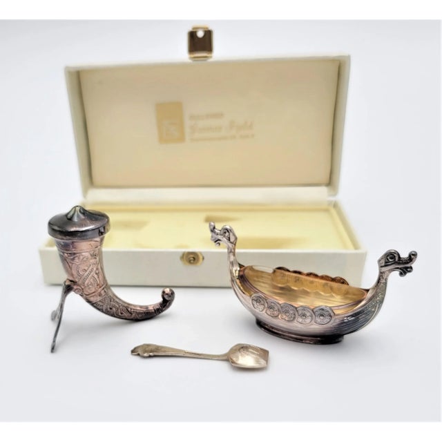 Magnus Vintage & Rare Magnus Aase Norway Viking Ship Sterling Silver Salt Cellar Set in original Display Box - Mint!...