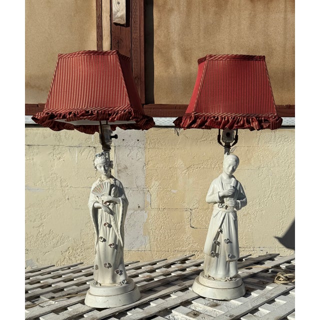 White 1940s Pair of Lamps White Porcelain Figurines With Custom Pinstriped Shades For Sale - Image 8 of 16