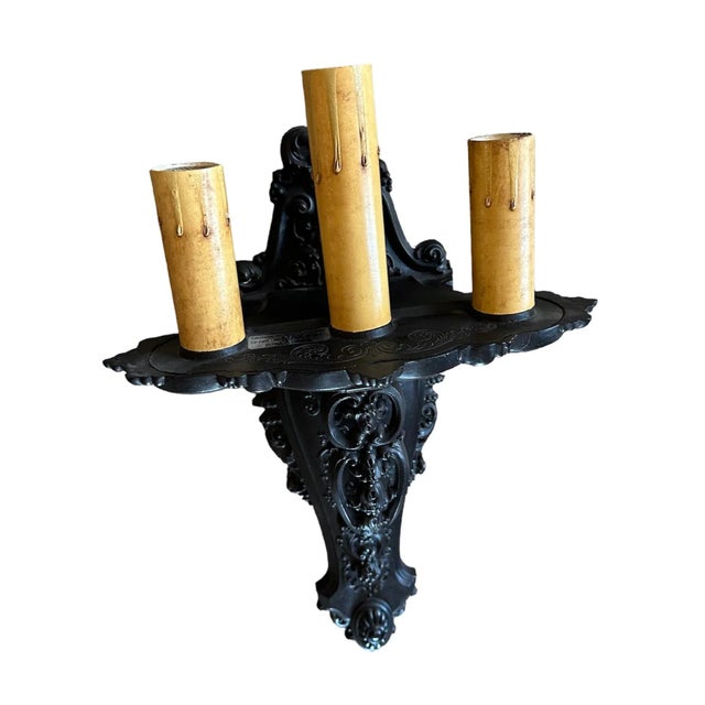 American Pair Large Triple Candle Wall Sconces in Black Paints With Beautiful Cast Detail, Circa 1910 For Sale - Image 3 of 6
