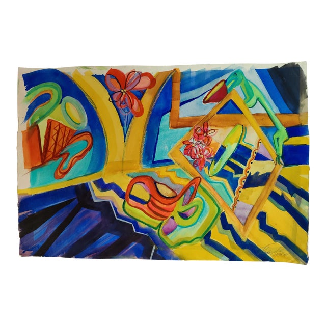 Vintage Whimsical Colorful Abstract Floral Geometric Original Watercolor Signed Vicki Silva For Sale