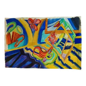 Vintage Whimsical Colorful Abstract Floral Geometric Original Watercolor Signed Vicki Silva