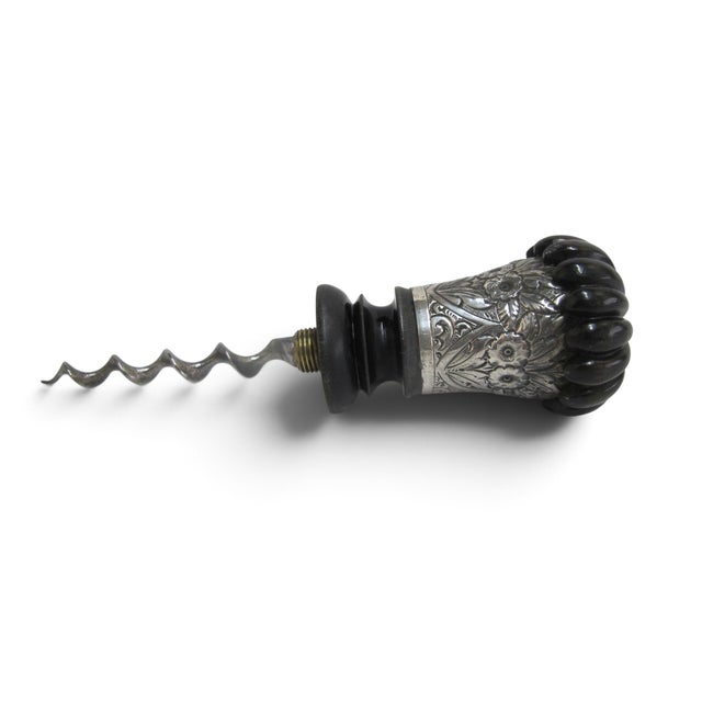 Late 20th Century Horn & Sterling Silver Repousse Flower Corkscrew Gadget Walking Stick Cane For Sale - Image 5 of 13