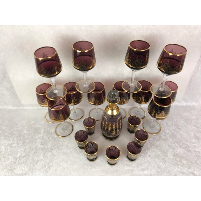 A breathtakingly complete and majestic entertaining ensemble, this vintage 20-piece Italian Murano-style liqueur and wine...