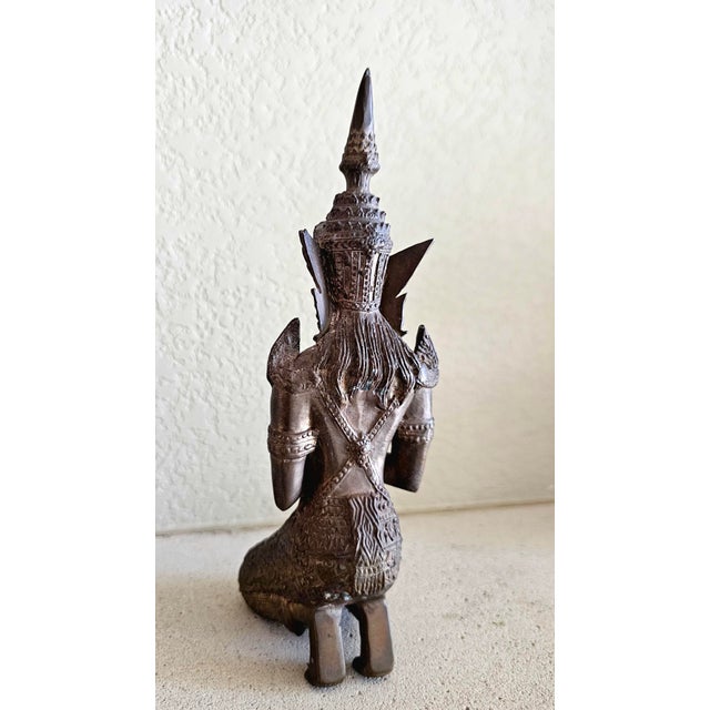 Bronze Early 20th Century Thai Bronze Thepphanom Devata Statue – Kneeling Celestial Guardian, 9” For Sale - Image 8 of 12
