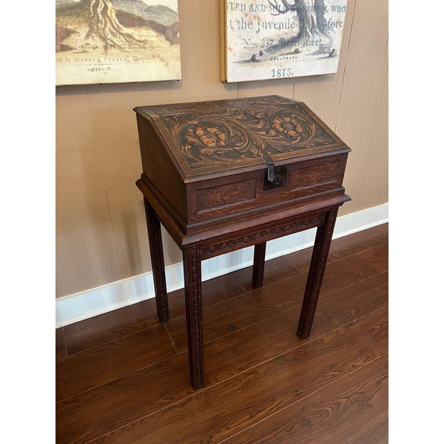 English Antique English Slant Top Bible Box Desk Stand Jacobean Carved Oak Lectern C1890 For Sale - Image 3 of 18