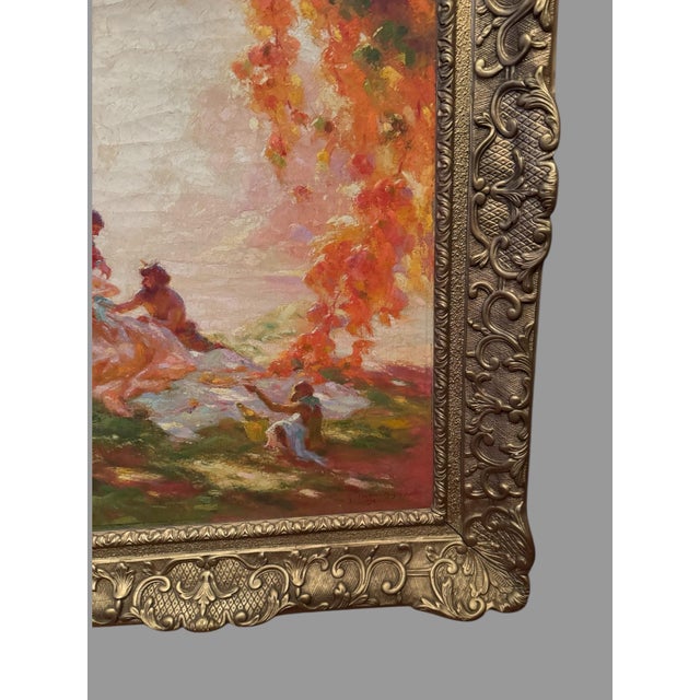 Textile Antique Ornate Gilt Framed Impressionistic Oil Painting on Canvas Landscape Genre Scene Signed For Sale - Image 7 of 12