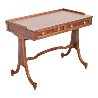 Baker Furniture English Regency Burled Walnut Writing Desk or Console Table, Newly Refinished For Sale