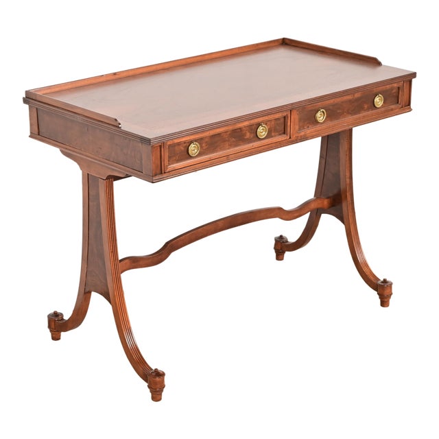 Baker Furniture English Regency Burled Walnut Writing Desk or Console Table, Newly Refinished For Sale