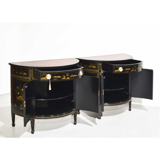 Mid Century French Chinoiserie Leather Top DemiLune Commode - A Pair For Sale - Image 11 of 14