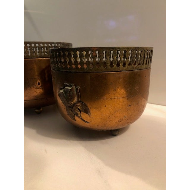 1940s Copper Brass Reticulated Footed Planters With Rose - A Pair For Sale - Image 16 of 18