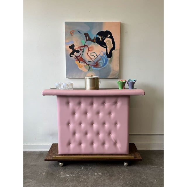 Vintage Pink Vinyl Bar & 4 Aqua Barstools Set For Sale - Image 17 of 18