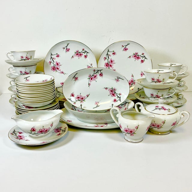 1940s 1940s Vintage Hollywood Regency Japanese Minimalist Cherry Blossom Dinnerware - Set of 56 For Sale - Image 5 of 14