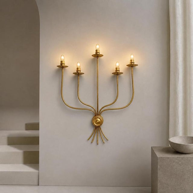 2000 - 2009 Mid-Century Minimalist Five-Arm Metal Brass Painted Wall Sconce For Sale - Image 5 of 7