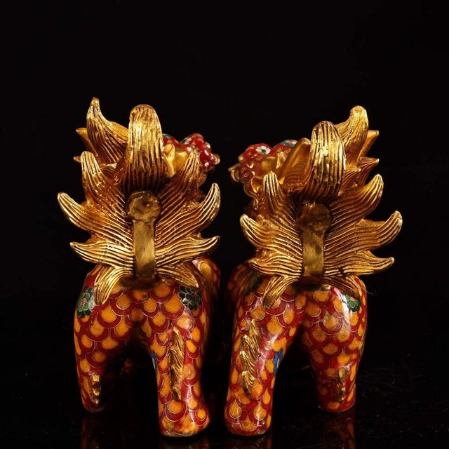 Mid 20th Century Pair of Gilt Cloisonne Enamel Qilin Figures – 7.9" Mythical Beast Statues For Sale - Image 4 of 9