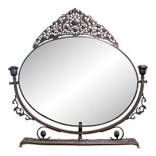 Late 19th to Early 20th Century Art Nouveau Tabletop Metal Vanity Oval Beveled Mirror W/Candle Holders For Sale
