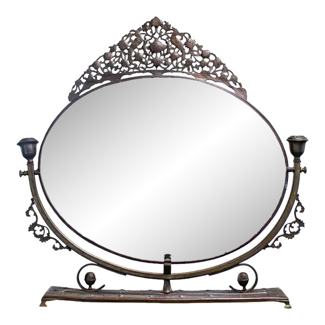 Late 19th to Early 20th Century Art Nouveau Tabletop Metal Vanity Oval Beveled Mirror W/Candle Holders For Sale
