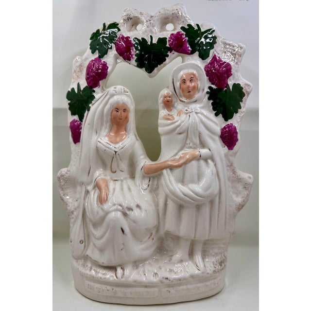 Large Antique Staffordshire Figurine Depicting A Mother Holding A Child Interacting With A Fortune Teller. Graceful Grape...