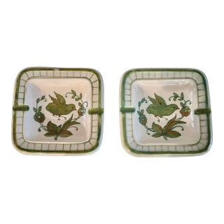 Pair of Vintage Hand Painted Square Pottery Ashtrays With Bird Motif 5.75” Sq. For Sale
