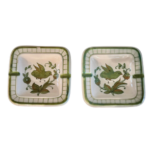 Pair of Vintage Hand Painted Square Pottery Ashtrays With Bird Motif 5.75” Sq.