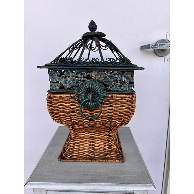Vintage Flared Pedestal Wicker & Metal Lidded Basket For Sale - Image 4 of 9