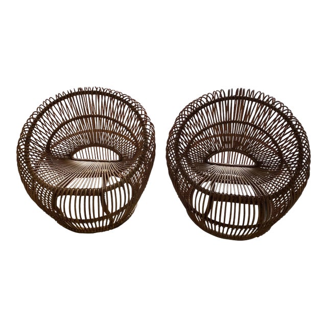 No Tariff Pair of 1960s Rattan Sculptural Mid Century Lounge Chairs, Attributed to Franco Albini For Sale