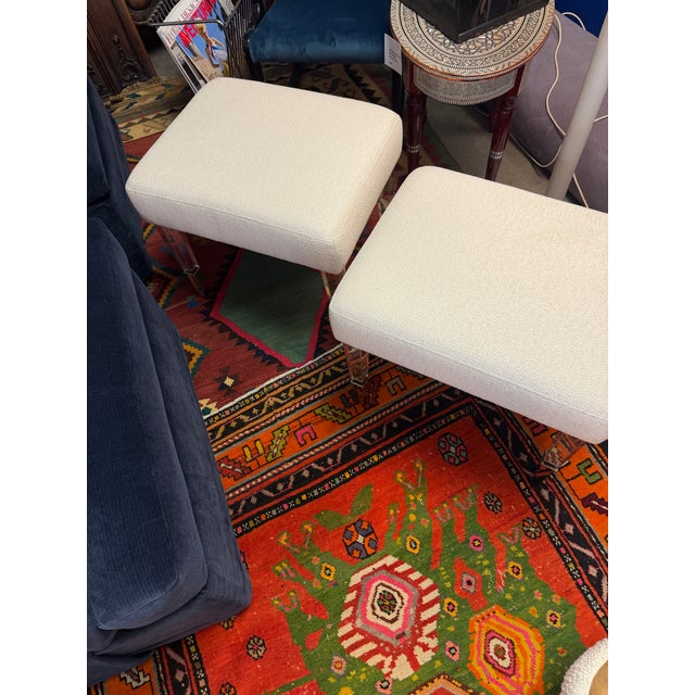 Custom Made Acrylic and Woven Cream Upholstered Ottomans a Pair For Sale In Miami - Image 6 of 9