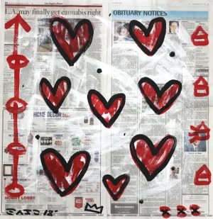 "Love La" Original Red Hearts on Newspaper Pop Painting by Gary John