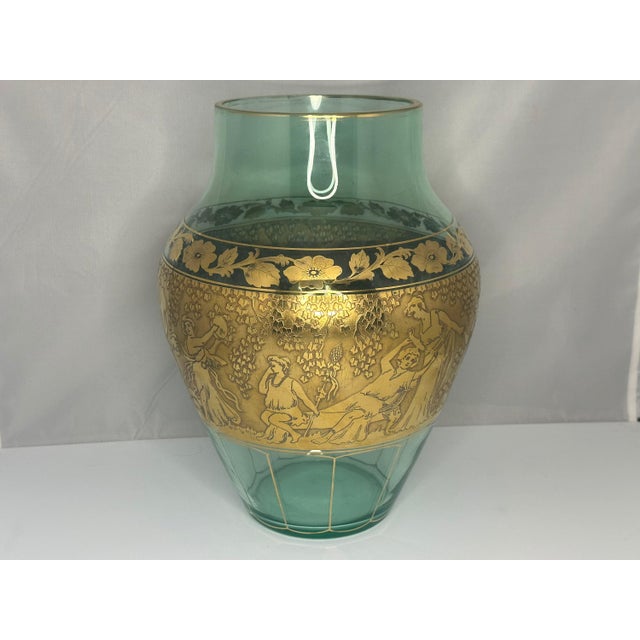 Early 20th Century Early 20th Century Moser Uranium Glass Vase: Gilt Frieze, Renaissance Revival, 13" Tall For Sale - Image 5 of 10
