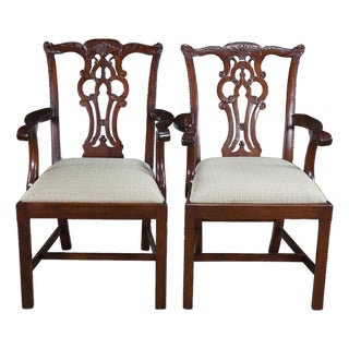 2 Late 20th Century Maitland Smith Chippendale Pierced Mahogany Dining Arm Chairs Silk Seats Pair For Sale