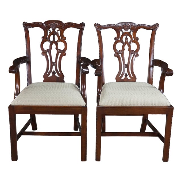 2 Late 20th Century Maitland Smith Chippendale Pierced Mahogany Dining Arm Chairs Silk Seats Pair For Sale