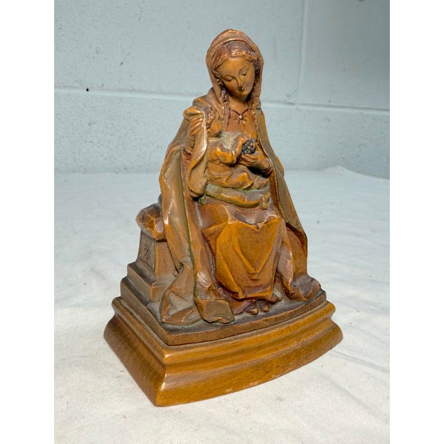 1950s Vintage Hand Carved Wood Religious Virgin Mary Baby Jesus Statue Sculpture Art For Sale - Image 5 of 11