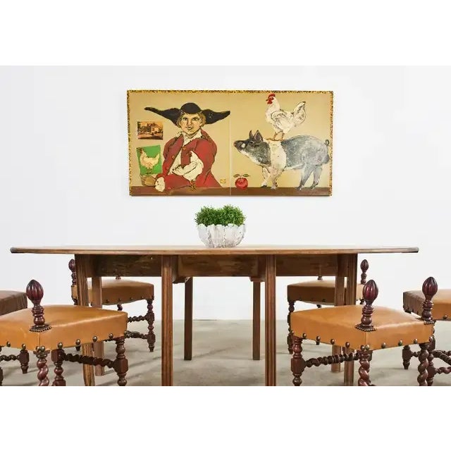 Large whimsical oil on canvas painting depicting an 18th century French provincial gentleman farmer with chickens and a...