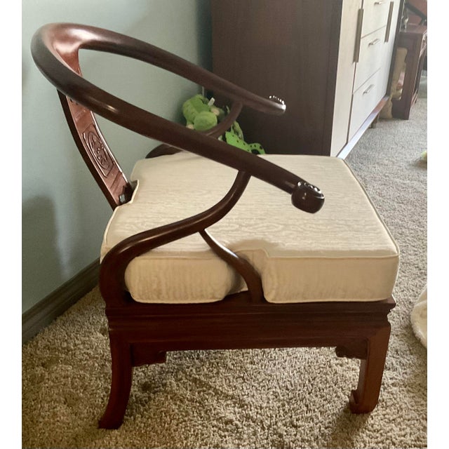 Cinnamon Vintage Asian Carved Rosewood Horseshoe Armchair - Pair For Sale - Image 8 of 10