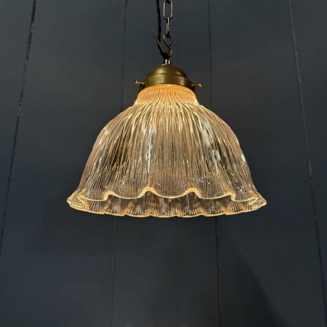 Asteroid Pressed Glass Holophane Pendant Lamp with Brass Fixture, 1920s For Sale - Image 9 of 18