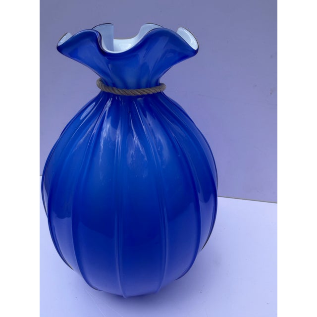1970s Large Vintage Hand-Blown 8" Blue Glass Opaline Money Bag Vase For Sale - Image 5 of 12
