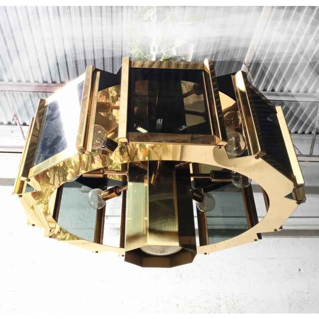 Vintage Mid Century Modern Gold Brass Black Glass Octagon Chandelier Pendant Fixture For Sale - Image 9 of 11