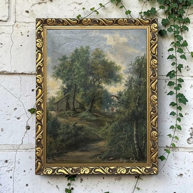 An atmospheric Belgian oil painting on canvas by Georges Crehay depicts a secluded country landscape beneath a softly...