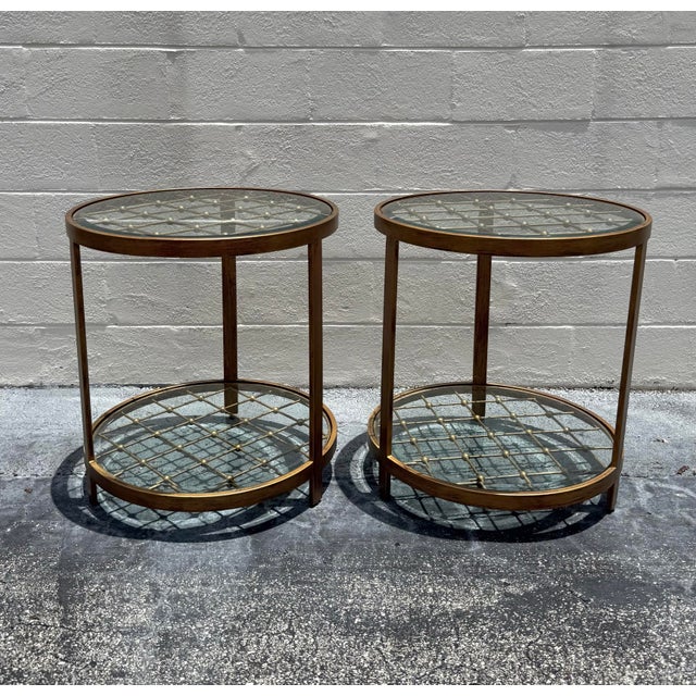 Brass Vintage MCM Beaded Lattice Brass Tone Two Tier Side Tables - Pair For Sale - Image 8 of 9