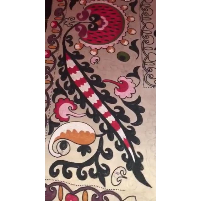 Decorative suzani cushion cover made of hand embroidery silk on silk background, flowers and vine motifs, linen backing...