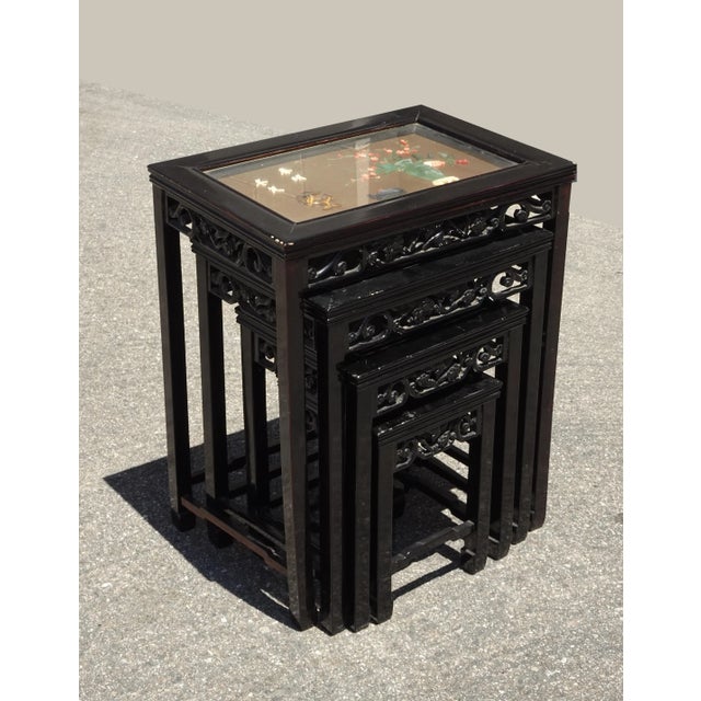Vintage Oriental Asian Black Nesting Tables W Decorative Table Tops ~ Set of Four For Sale - Image 10 of 13