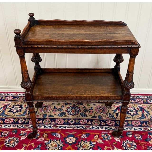Antique English Trolley Tea Cart Pastry Cocktail Bar Cart Tray Tudor Oak 1930s For Sale In Dallas - Image 6 of 18
