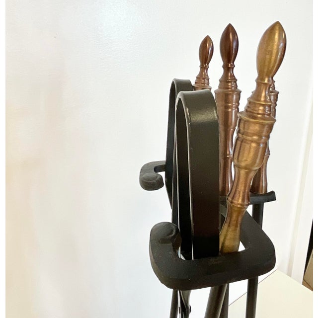1970s Mid-Century Wrought Iron With Bronze Handle Fireplace Tools & Rack - 5 PCS Set For Sale - Image 10 of 14