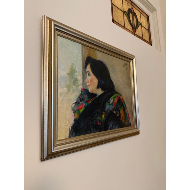 Paint Vintage 1987 Chinese Oil Portrait Painting of a Woman For Sale - Image 7 of 8