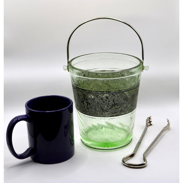 1930s Art Deco Green Uranium Glass Ice Bucket With Silver Overlay & Chrome Tongs - 2 Piece Set For Sale - Image 14 of 14