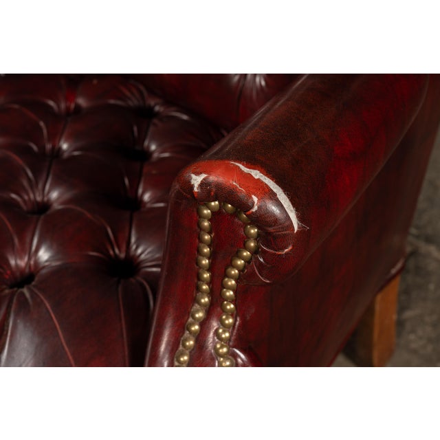 Vintage Tufted Leather Wingback Chesterfield Armchair in Oxblood For Sale - Image 11 of 15