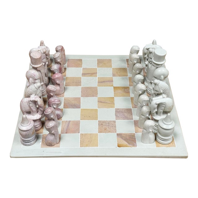 Vintage Soapstone Carved African Maasai Tribe Chess Set For Sale