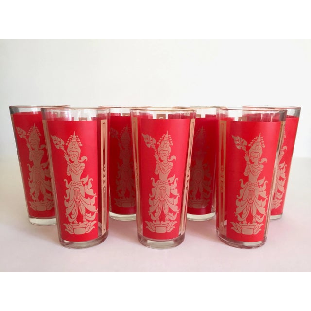 Mid 20th Century Vintage Mid Century Modern Thai Goddess Lakshmi Tall Red Tumbler Glasses - Set of 7 For Sale - Image 5 of 13