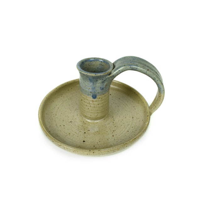 Late 20th Century Handmade Round Pottery Candlestick Candle Holder With Handle For Sale - Image 6 of 8