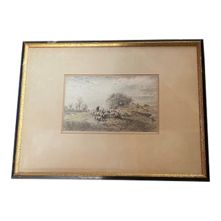 Framed 19th-Century Pastoral Landscape Etching of Sheep and a Shepherd. For Sale